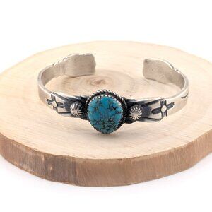 Navajo Sterling Silver & Turquoise Cuff Bracelet Hand Stamped Jewelry‎ Sz 6.5 **